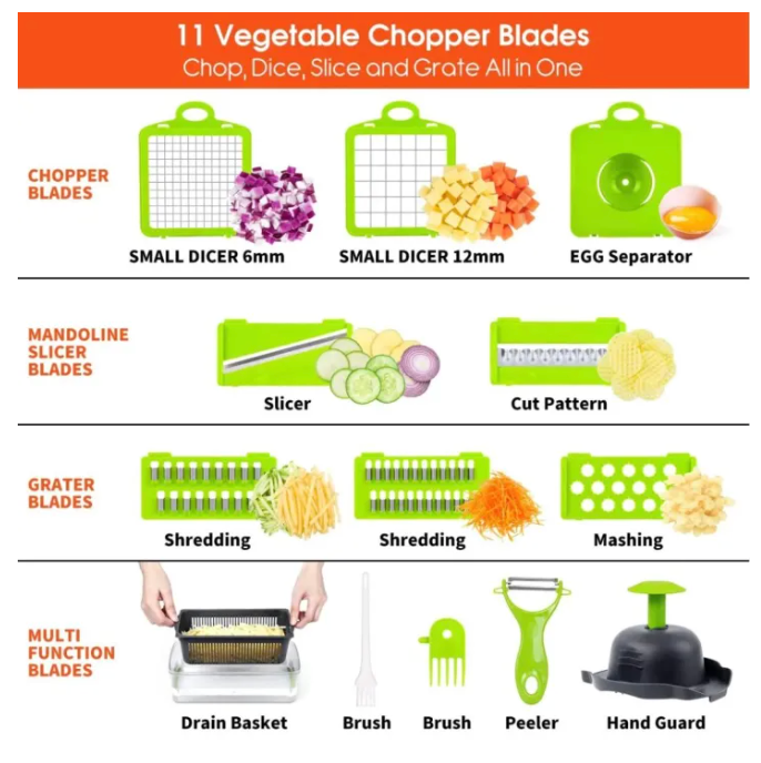 12 in 1 Vegetable Cutter & Slicer – Multifunctional Manual Chopper, Dicer, Peeler & Fruit Cutter – Onion & Salad Slicer Kitchen Tool